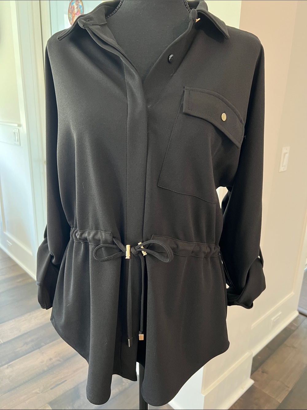 Truth Black Drawstring Shirt Jacket with Gold Snaps